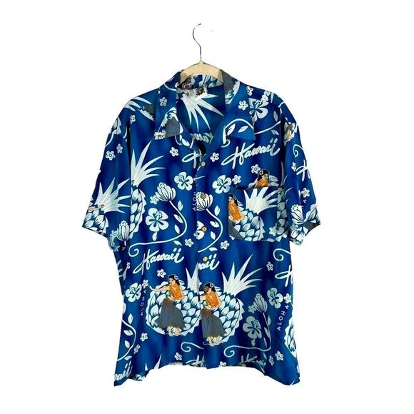 Vintage Kennington Blue Hawaiian Hula Girl’s Men’s Button Down Shirt - Picture 1 of 7